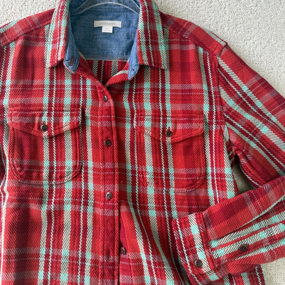 Outerknown Blanket Shirt Women M/L Red Mint Green Plaid Organic Cotton Flannel